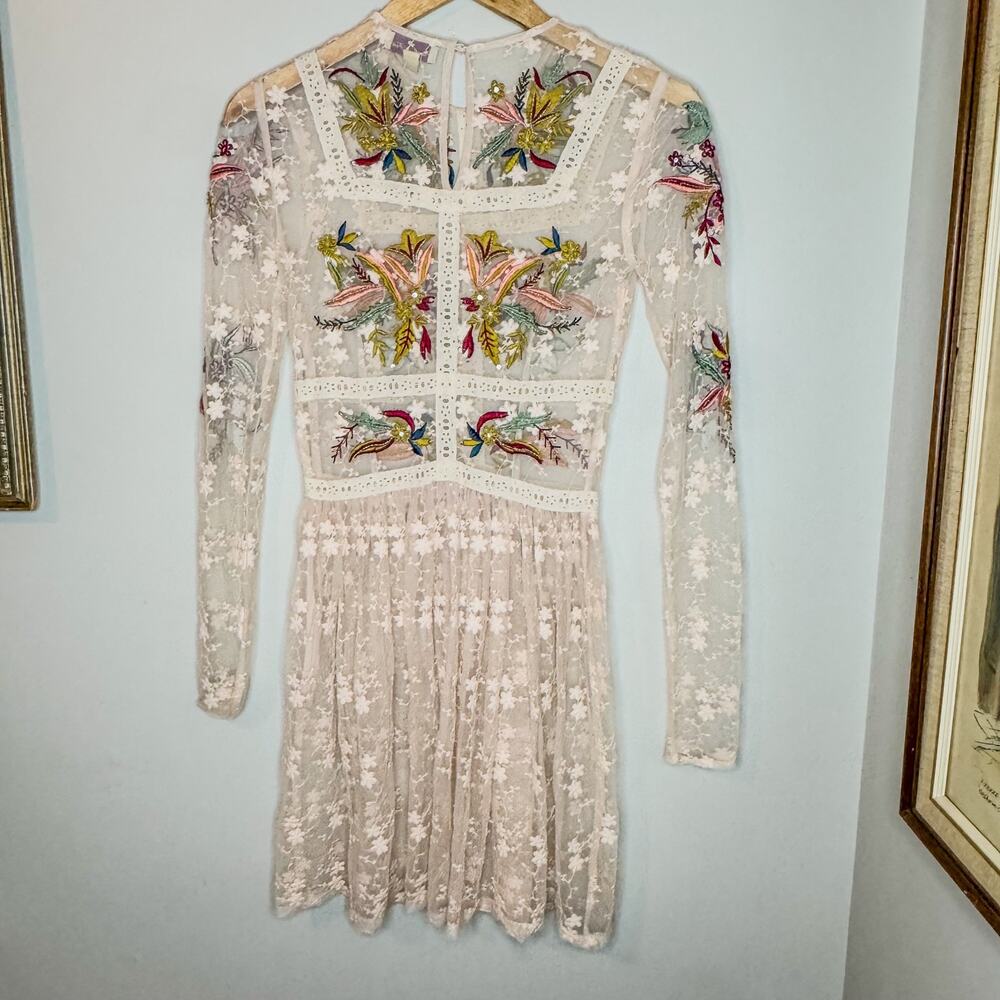 Frock and Frill Floral Embroidered Beaded Mesh Mini Dress Long Sleeve Size 6